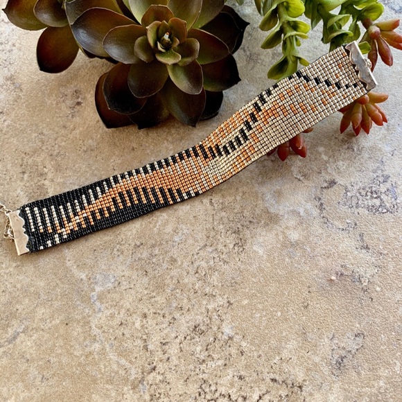 Loomed Bracelet, Gold Silver Black Bracelet, Dressy Bracelet for evening wear - Picture 2 of 4